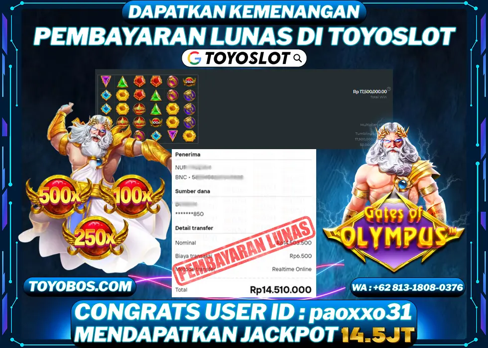 TOYOSLOT - BUKTI KEMENANGAN JACKPOT Gates of Olympus Rp14,510,000,- LUNAS